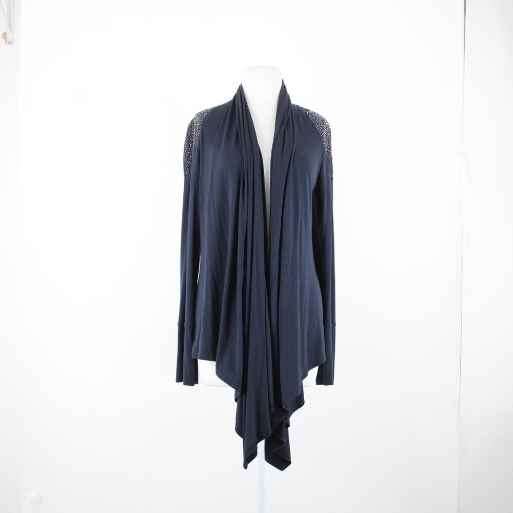 S Twelve $59 Sz M Navy Blue Gunmetal Studded Shoulders Collared Rayon Wrap - Picture 12 of 16